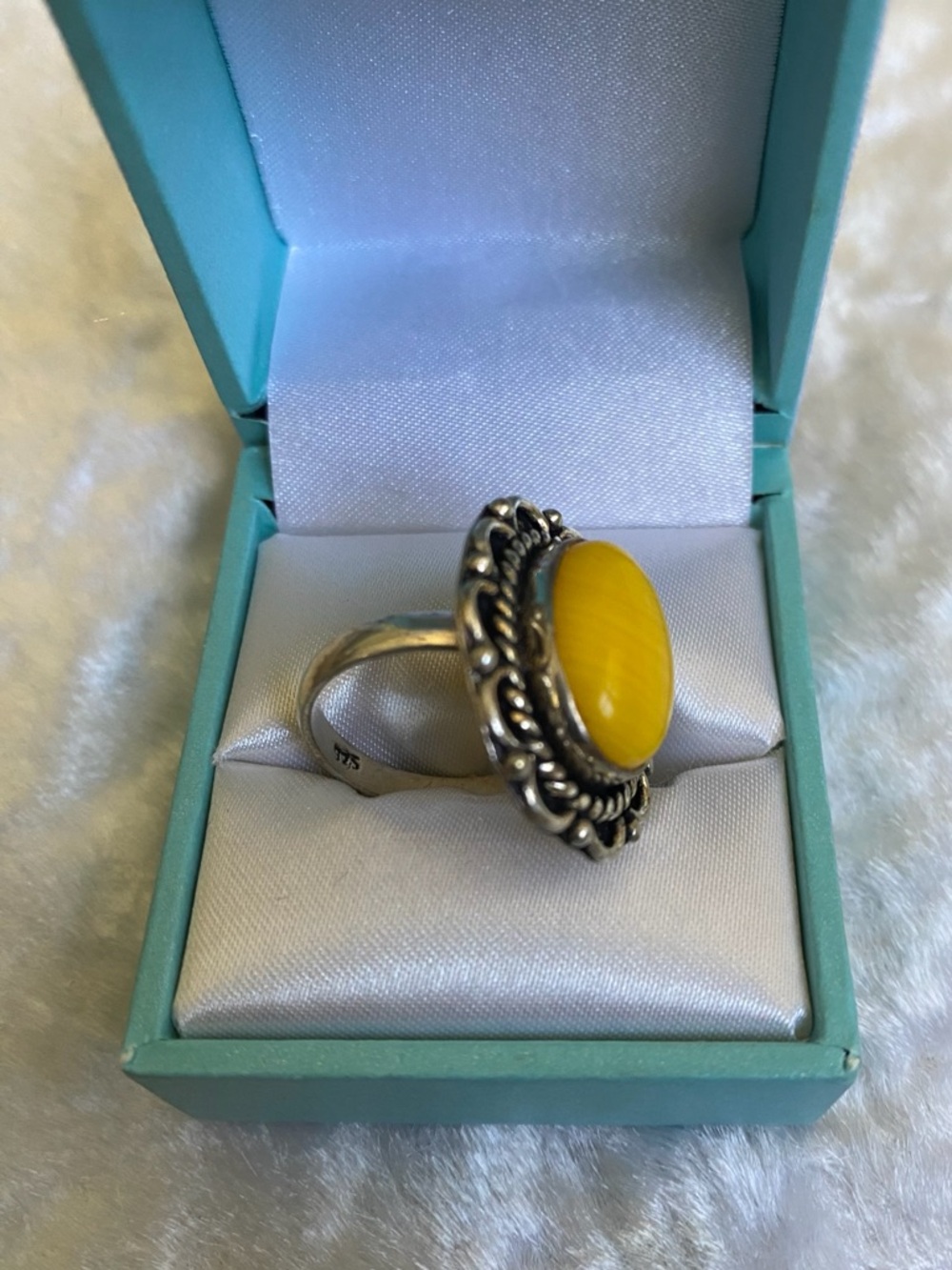 ๐925 Butterscotch Amber Swirl Statement Ring with Ornate Setting - Picture 2 of 5